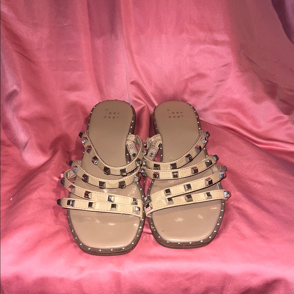 Nude Studded Multi-Strap Slide Sandals